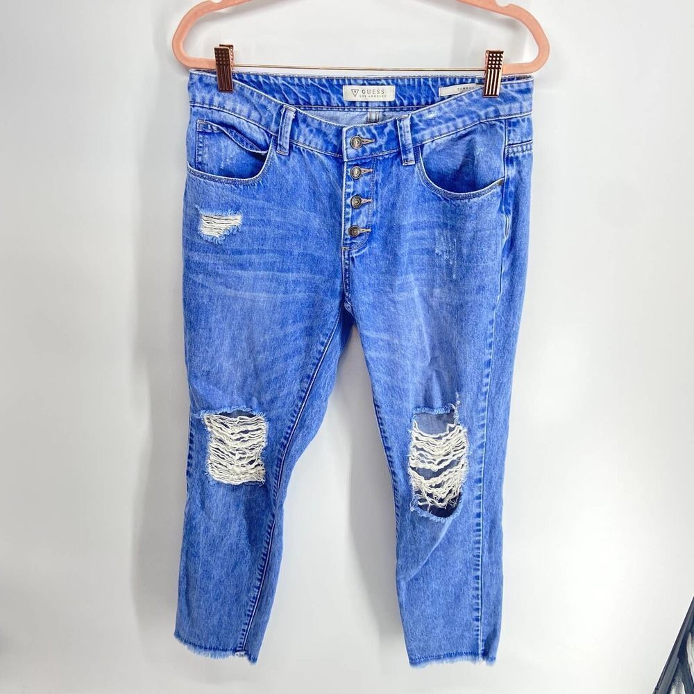 Guess tomboy light wash button fly frayed edge distressed jeans womens 26 - Picture 2 of 7